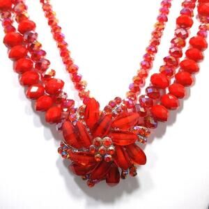 Red Aurora Borealis Beaded Necklace with Rhinestone Brooch Pendant 3 Strand